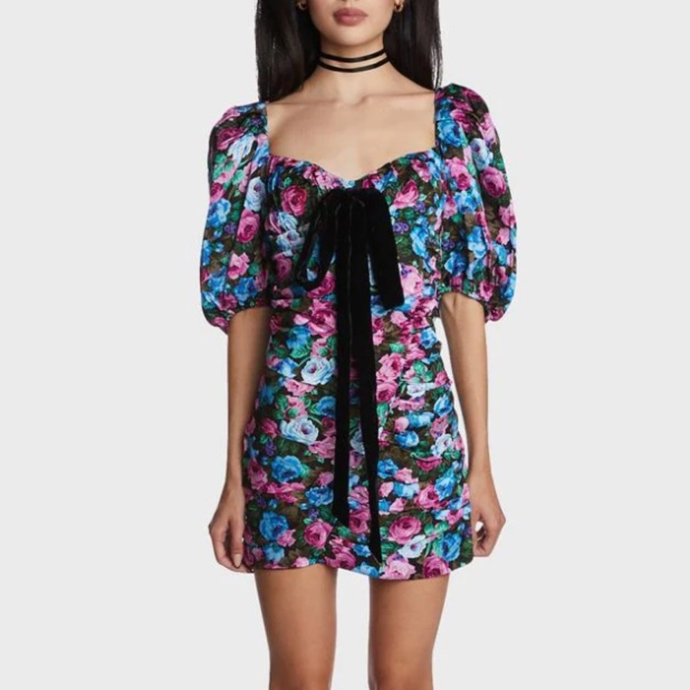 For Love and Lemons NEW Multicolor Floral Velvet Bow Marley Mini Dress Size XS